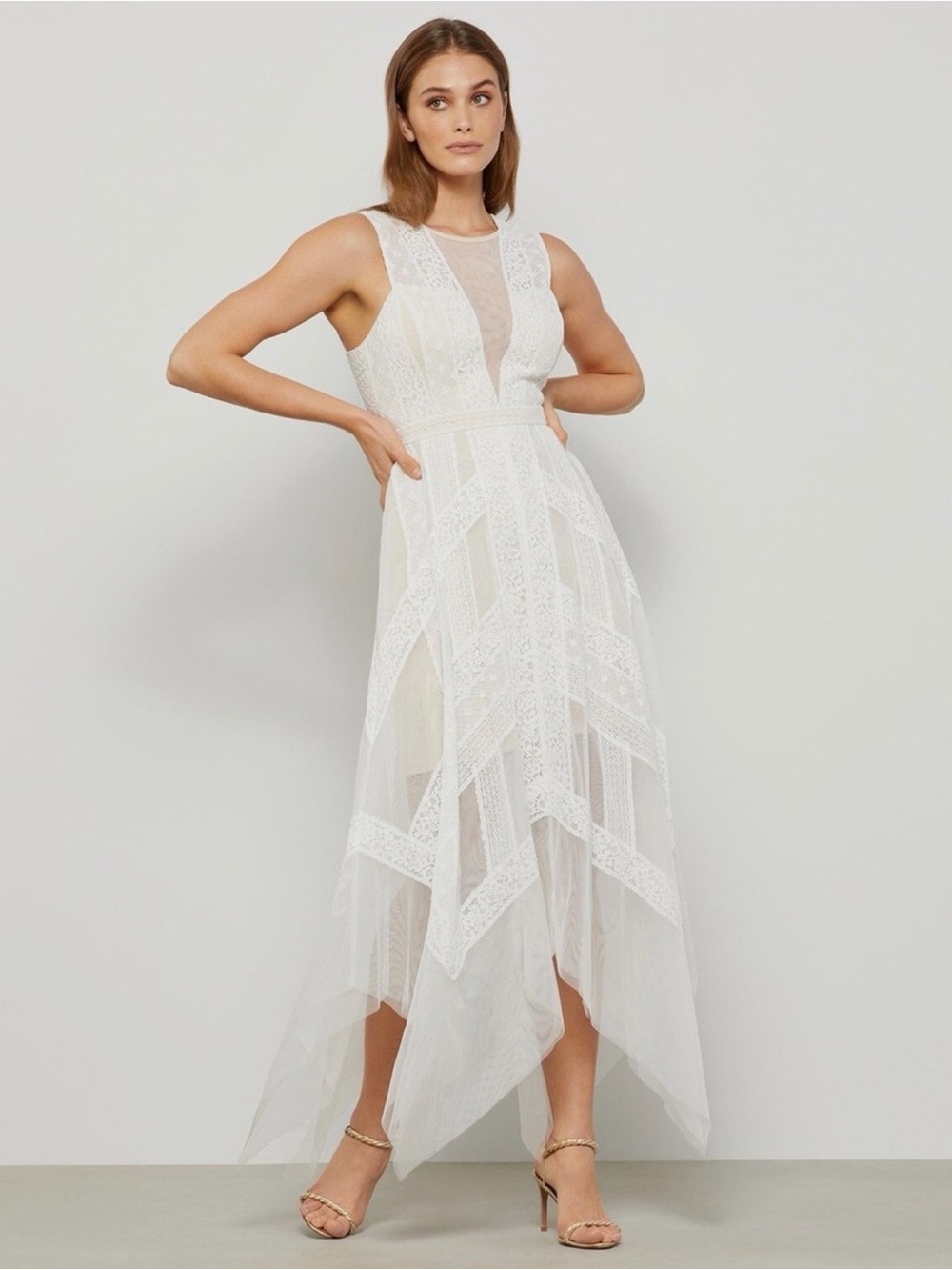 BCBGMAXAZRIA Andi Ivory Lace Mesh Illusion Handkerchief Hem Midi Dress XS